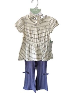 PL Baby Cream & Purple Girl Matching Set Bow Print Top, Ribbed Pants & Headband